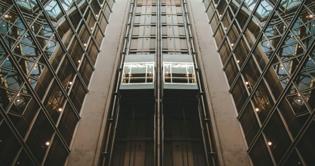 Interior of a building atrium above a lift core